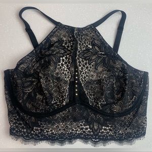 Victoria's Secret sheer lace halter bra, black w/ nude mesh lining, sz M, NWOT